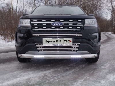 Защита передняя овальная короткая с ДХО 75х42 мм ТСС для Ford Explorer 2015-2017